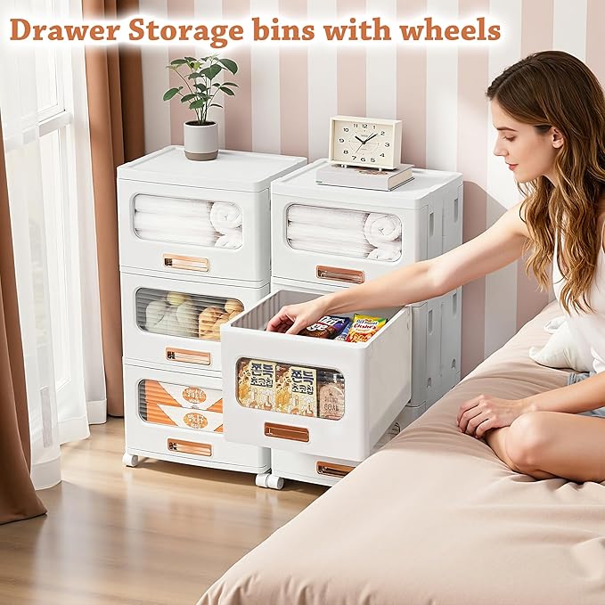 VECELO Stackable Storage Drawers Cabinet with Wheels, Storage Bins Pull Out, Waterproof Drawer Closet Organizer, Multi-Tier Stackable Design for Bedroom/Livingroom/Bathroom, Medium, 3-Tier