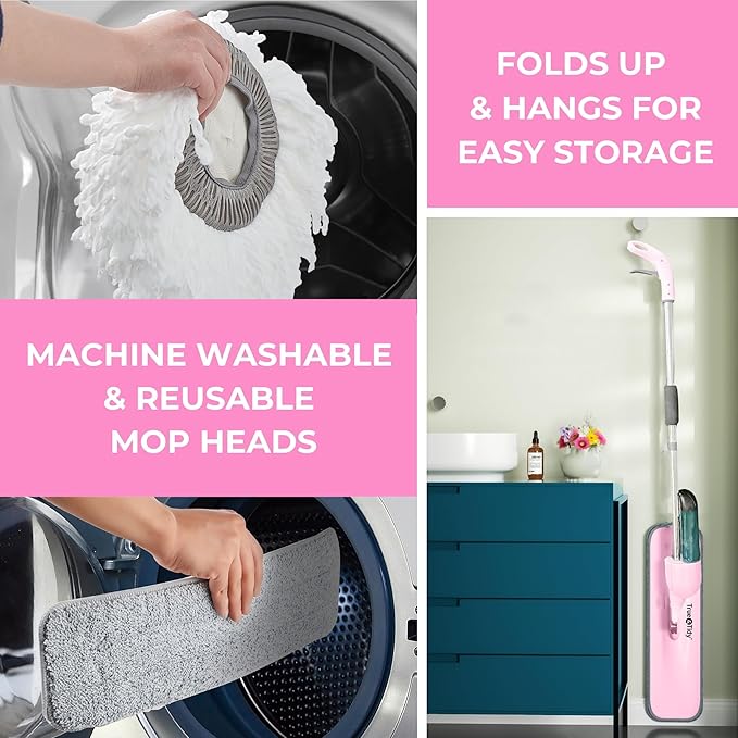 Heavy Duty Spray Mop Kit for Floor Cleaning, Refillable Water Tank, Use Any Cleaning Solution with Machine Washable Pads, Includes Flat Mop Head, Round, Squeegee Head