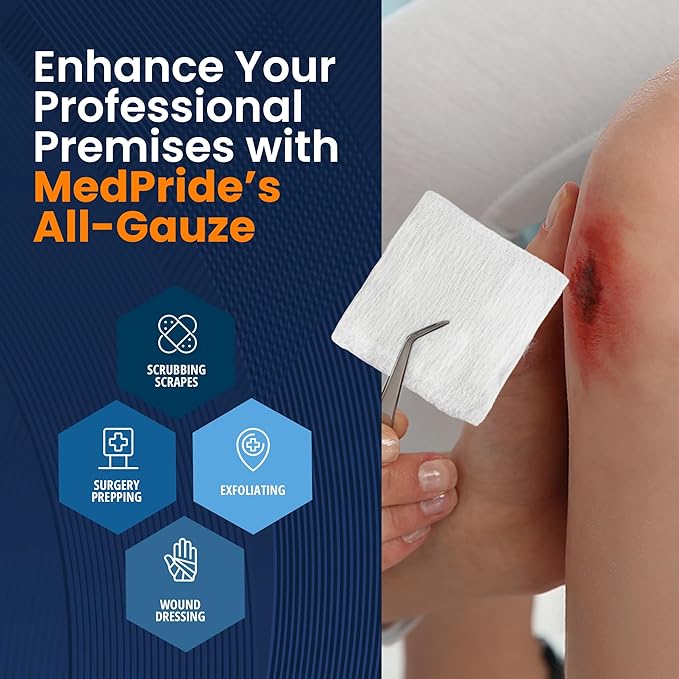 MED PRIDE 4”x 4” Gauze, 200 Surgical Sponges 12-ply Extra Absorbent | All-Gauze, Non-Sterile| Great for Wound Dressing, Prepping, Scrubbing & Cleaning| Essential First-Aid