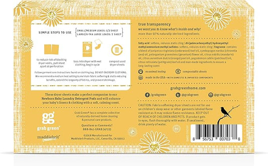 Grab Green Newborn Baby Dryer Sheets, 40 Sheets, Chamomile Scent, Plant and Mineral Based, Compostable, Softens Clothing and Linens, Reduces Static Cling