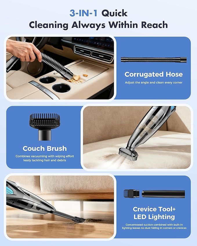 Handheld Vacuum Cordless 25000PA Powerful Suction, Portable Car Vacuum, 3 in 1 Hand Held Vacuum Rechargeable 8000mAh with LED Light, HEPA Filter, Home, Car Seats, Office, Pet Hair Blue+Black