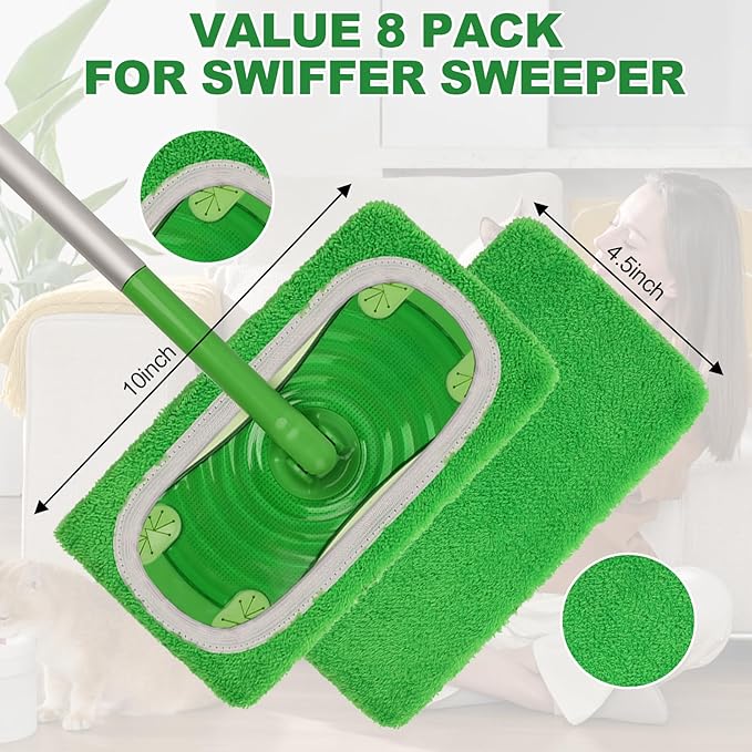8 Pack Reusable Microfiber Mop Pads Replacement Compatible with Swiffer Sweeper, Machine Washable Mop Pads Refills for Wet & Dry Floor Cleaning, Mopping Cloths Fits Hardwood, Marble, Tile & Laminate