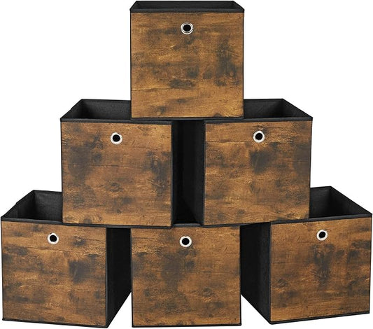 SONGMICS Storage Cubes, Set of 6 Storage Bins with Handles, Foldable Oxford Fabric and Non-Woven Fabric Storage Boxes, 11.8 x 11.8 x 11.8 Inches, Rustic Brown and Black URFB102B01