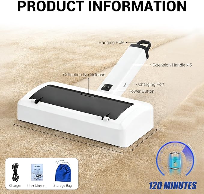 Pet Hair Remover for Carpet, Electric Lint Roller Adjustable Handle Reusable Carpet Rake Dog Cat Hair Removal Tool for Carpets, Rugs, Furniture