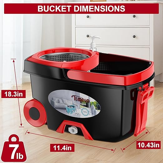 FunClean 360° Spin Mop and Bucket Set with Wringer, 4 Extra Microfiber Heads, 61" Extended Handle for Effortless Floor Cleaning, 2X Wheel Design - Black