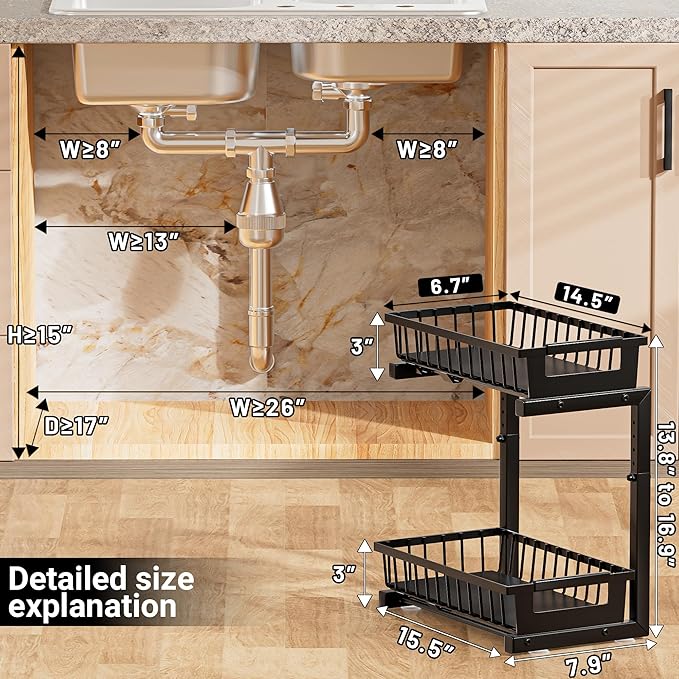 Under Sink Organizer 2 Pack, 2 Tier Adjustable Height Reinforced Carbon Steel Under Kitchen Bathroom Sink Storage Organizer, Smooth Pull-out Under Sink Cabinet Rack Drawer Organizer, Black