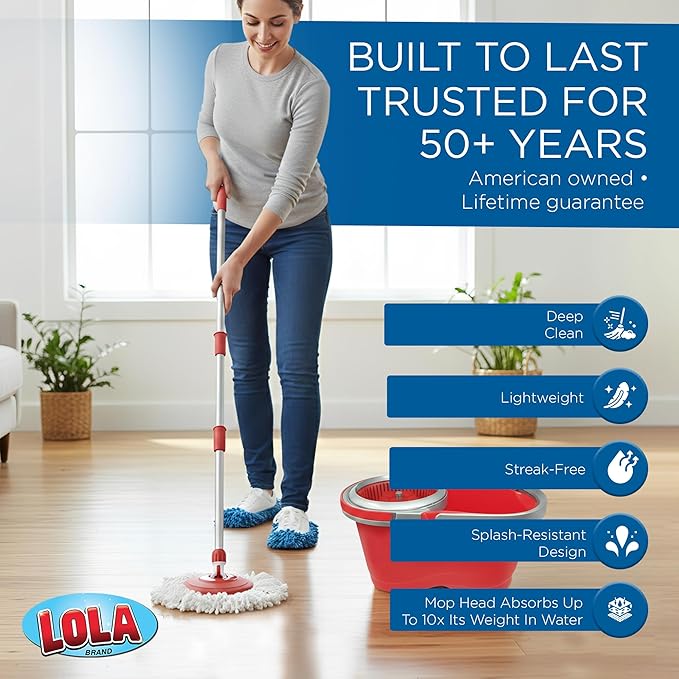 LOLA Revolution Deluxe Spin Mop & Bucket, w/ 3 Microfiber Washable Heads, 1 Pair Microfiber Mop Slippers, Fast Dry, Deep Clean Floors & Hands-Free Wringer, Easy Spin Dry, NO EXHAUSTIVE Foot Pedal