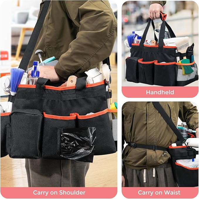 ProCase Cleaning Caddy Bag for Housekeepers, Foldable Cleaning Supply Bag with 5 Compartments, Wearable Detailing Organizer Tote with Handles and Shoulder Strap -Orange