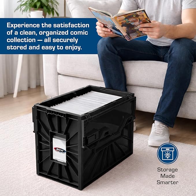 BCW Short Comic Book Bin | Holds 150 Comics | Stackable Plastic Storage | Acid-Free Organizer | Black, 5 Pack