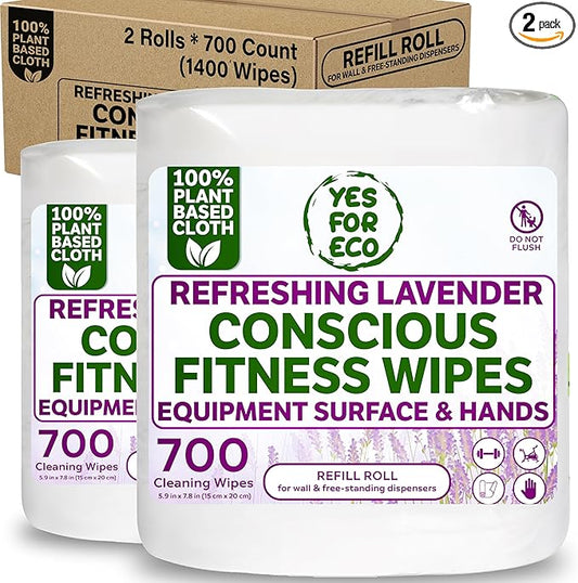 [Bulk 1400-Count] Plant Based Eco-Conscious Fitness Wipe, 2 Rolls x 700 Count Infused with Lavender & Tea Tree Oil, Perfect for Yoga/Pilates Studios & Gyms, All-Purpose Gym Wipes - Bulk Buy