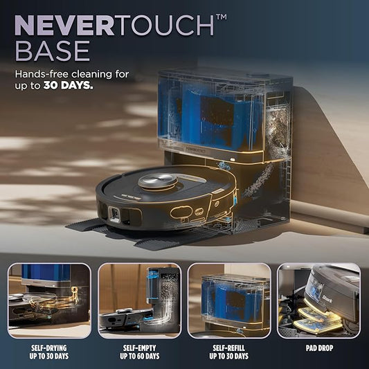 Shark Robot Vacuum & Mop Combo, NeverTouch System, Self-Emptying and Refilling, for Wood, 60-Day Debris Capacity, 30-Tank Reservoir, Pad Drying, 5 Intelligent Cleaning Technologies, RV2820YE