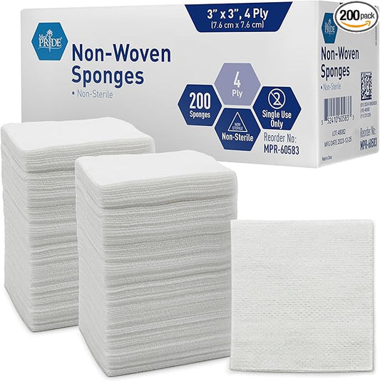 MED PRIDE 3x3 in Gauze Pads 200 Pack, Nonsterile, 4 Ply, Nonadherent Mesh Bandages, Absorbent Wound Care Dressing Sponges