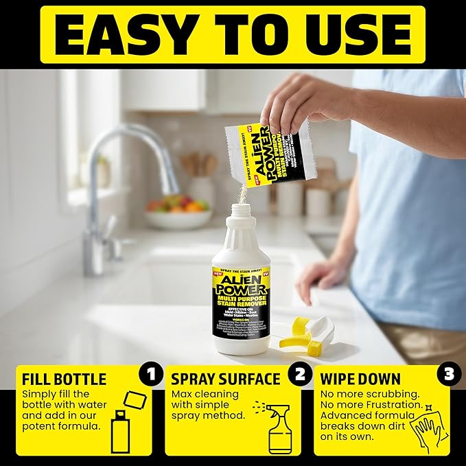 Alien Power Stain Remover Spray for Mold & Mildew, for Bathroom & Household Surfaces, All Purpose No-Scrub Cleaner for Tiles, Wall, Grout & Washing Machines - 3 Packet Set (Makes 72 Fl Oz)