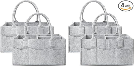 Cute Castle 4 Pack Diaper Caddy Organizer - Portable Baby Caddy Organizer with Handle, Nursery Storage Bin and Car Organizer for Girls, Boys - Baby Gift Basket - Grey