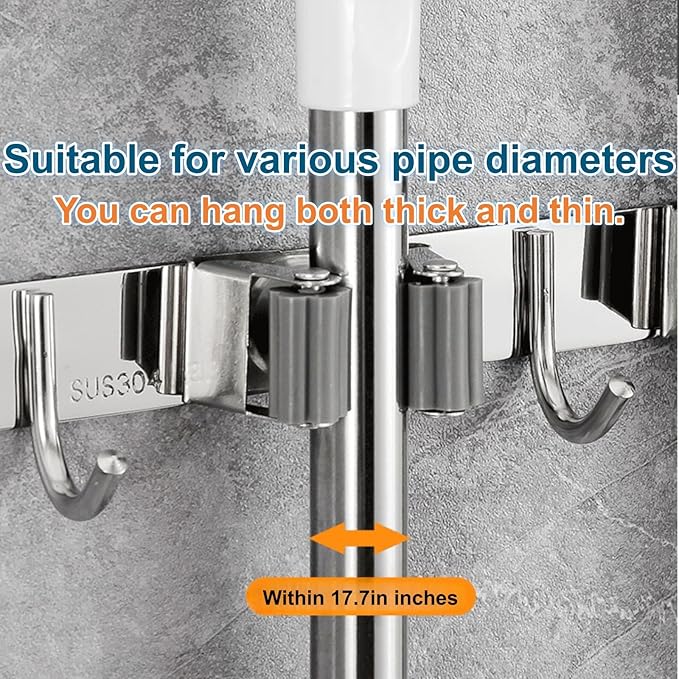 1Pcs Broom Mop Holder Wall Mount – Stainless Steel Heavy Duty Organizer with 2 Racks & 3 Hooks for Garage, Kitchen, Laundry Room, Garden & Home