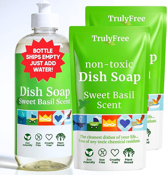 Truly Free Non Toxic Dish Soap | Natural Concentrated Dishwashing Liquid - Sweet Basil Scent | Non Toxic Organic Plant-Based Dish Soap | Family Safe - Eco-Friendly Formula | 16 fl oz
