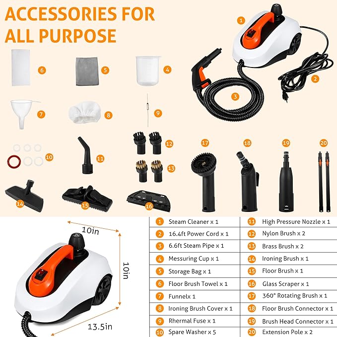 WICHEMI Steam Cleaner with Extension Pole, 61 oz, Steam Cleaner for Home, Adjustable Steam Pressure, 26 Accessories, Handheld Steam Cleaner for Walls, Gaps, Hard Floors, and Tiles