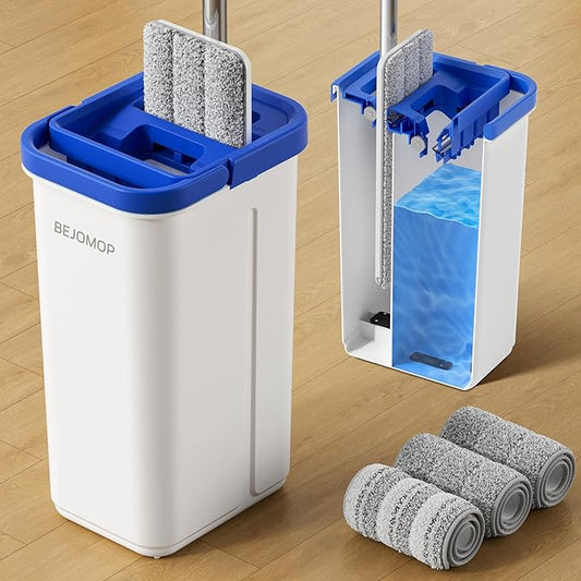 Mop and Bucket Set with Wringer, Squeeze Wall Mop Cleaner with Long Handle, Flat Mop and Bucket System, Dry & Wet Dust Mops for Household Floor Cleaning with 3 Microfiber Mops, Slate Blue