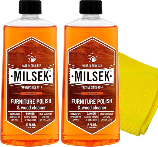 Milsek Furniture Polish and Wood Cleaner with Orange Oil - Multipurpose Cleaning Supplies for Home and Household from Hardwood Floors to Kitchen Cabinets- 12 Fl Oz (Pack of 2) with Microfiber Towel