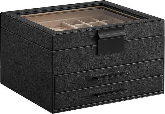 SONGMICS GISELLA Collection - Jewelry Box Organizer, 3-Layer Jewelry Storage with 2 Drawers, Shiny Metal Hardware, Glass Lid, Modern, 8 x 9.1 x 5.3 Inches, Ink Black and Silver UJBC239BK