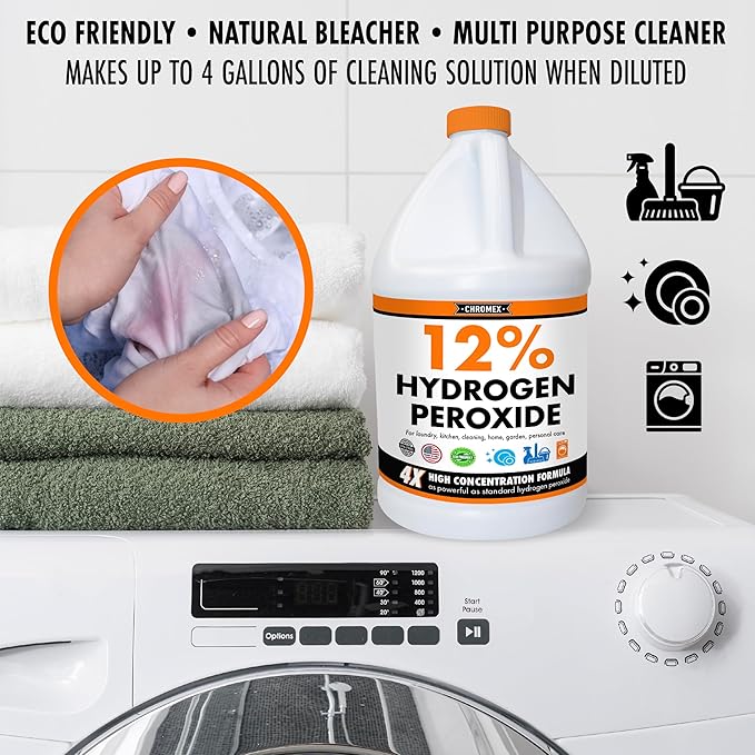 Chromex Hydrogen Peroxide 12 Percent Food Grade, 4x Power Concentrated Solution, 4 Gallons Dilute to 16 Gallons, Versatile Uses include Topical Care, Home, Kitchen, Bath Cleaner, Laundry, Whitening