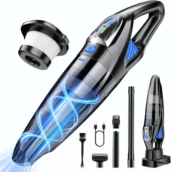 Handheld Vacuum Cordless 25000PA Powerful Suction, Portable Car Vacuum, 3 in 1 Hand Held Vacuum Rechargeable 8000mAh with LED Light, HEPA Filter, Home, Car Seats, Office, Pet Hair Blue+Black