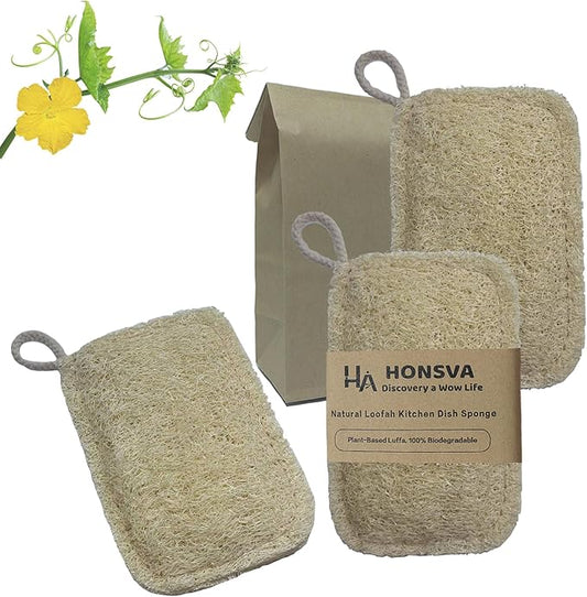 Natural Loofah Kitchen Sponge (3 Pcs) No Scratch Scrubber for Dishwashing, 100% Plant Fibers Vegetable Scrubber, Zero Waste and Eco Friendly Loofa, Square, Large Size