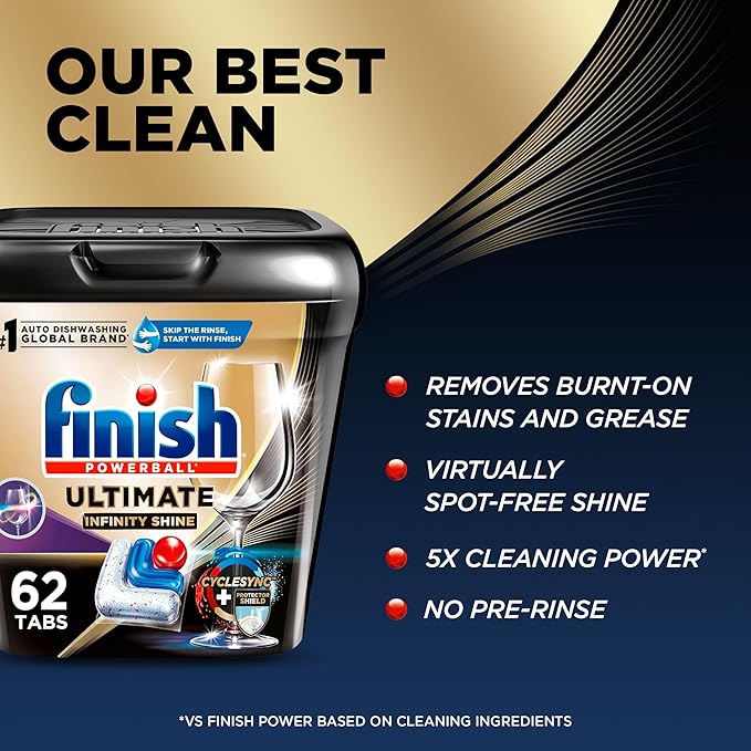 Finish Ultimate Infinity Shine Dishwasher Pods, No Pre-Rinse Dishwasher Detergent Soap Removes Burnt-On Stain, with Protector Shield & CycleSync Technology, Degreasing & Scrubbing Power, 62 Count