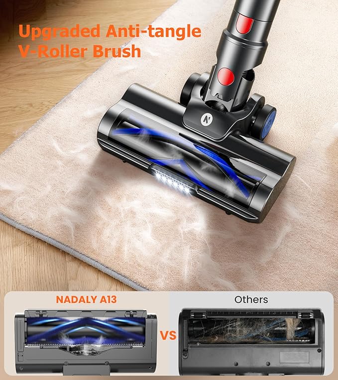 NADALY Cordless Vacuum Cleaner, Powerful Stick Vacuum with 45min Runtime, Anti-Tangle Self-Standing Vacuum Cleaners for Home, 8-in-1 Lightweight Vacuum for Hardwood Floor/Carpet/Pet Hair, Bronzed Gold