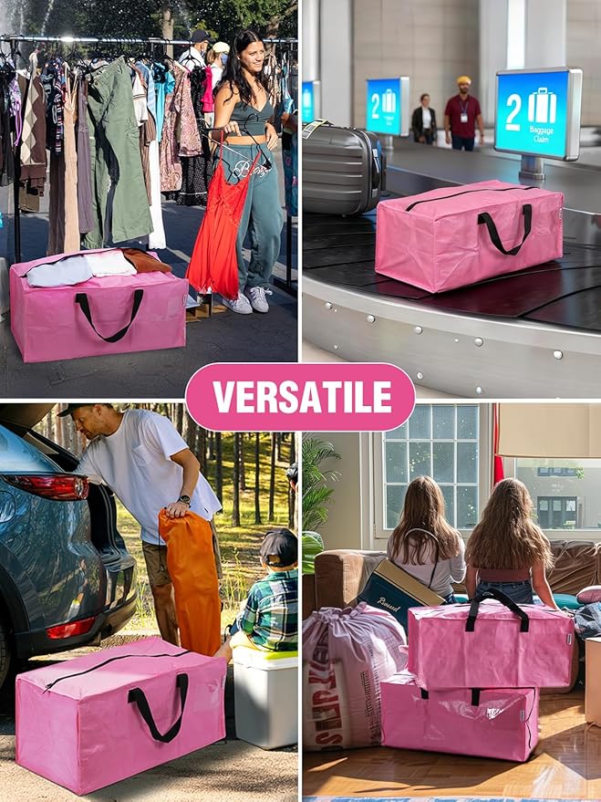 WORKPRO 10 Pack Extra Large Moving Bags with Zippers & Carrying Handles Backpack Straps, Heavy-Duty Storage Tote for Space Saving Moving Storage (Pink)