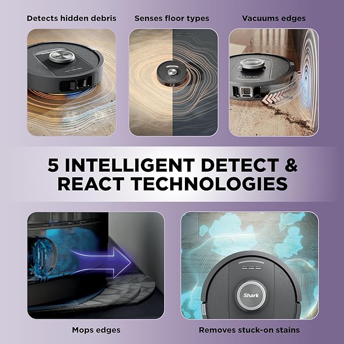 Shark Robot Vacuum & Mop Combo, NeverTouch System, Self-Emptying and Refilling, for Wood, 60-Day Debris Capacity, 30-Tank Reservoir, Pad Drying, 5 Intelligent Cleaning Technologies, RV2820YE