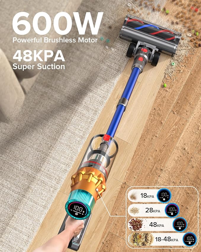 S8 Cordless Vacuum Cleaner, 600W 48Kpa Up to 65mins Stick Vacuum Rechargeable, Wireless Lightweight Handheld Vacuum Cleaners for Home Pet Hair Carpet Hardwood Floor Car