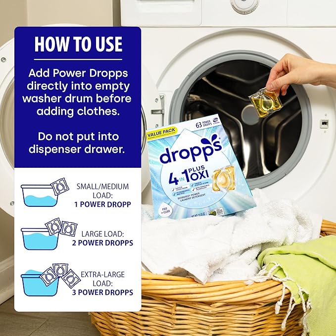 Dropps 4-in-1 Plus Oxi Free & Clear Power Biobased Laundry Detergent Pods, Unscented (63 Pods) - Chlorine-Free Bleach Alternative Biobased Laundry Whitener, Stain & Odor Remover