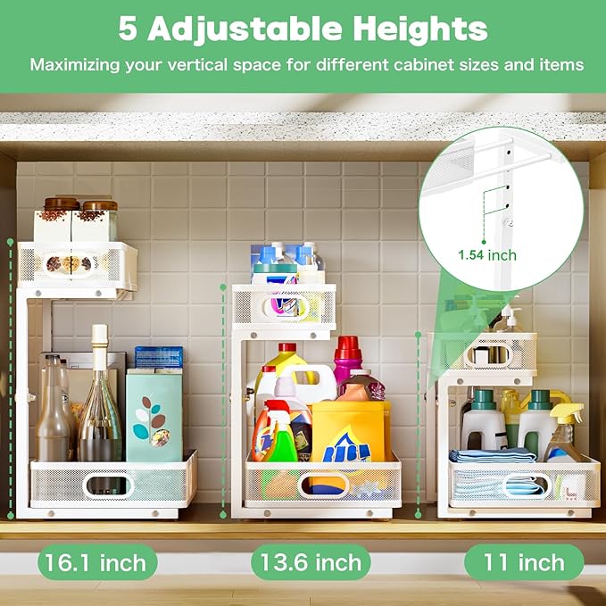 Under Sink Organizer, High Adjustable 2 Tier Under Sink Organizers and Storage, Slide Out Metal Cabinet Organizers, Pull Out Sink Storage Drawer Shelf for Kitchen Bathroom Cabinet, White, 1 Pack