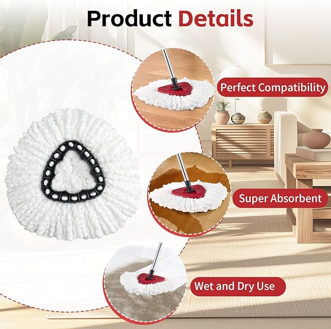 Spin Mop Replace Head, Base, Handle Compatible with O Cedar EasyWring Microfiber Spin Mop, 2 Mop Refills Replacement Heads, 30-58in Mop Handle and 1 Mop Base Combo Set (White (1-Tank System))
