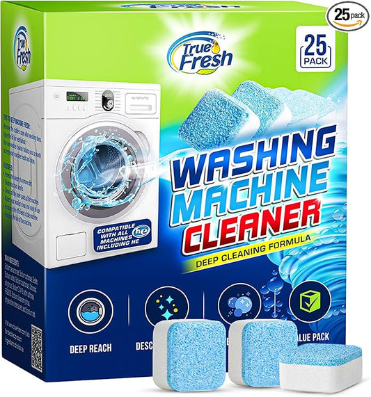 True Fresh Washing Machine Cleaner Tablets – 25-Pack Deep Cleaning for Front Loader, Top Load & HE Washers – Helps Remove Odor-Causing Residues, Pet Hair & Hard Water Buildup – Septic Safe