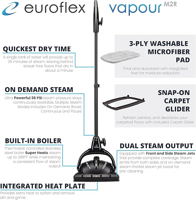 Euroflex Vapour Premium Steam Mop 9-Piece Set with Ultra Dry Steam; Consumer Reports Recommended; Commercial Grade 295°F & 50 PSI; Invented in Italy; Kills 99.9% Germs & Viruses; 5 Year Warranty