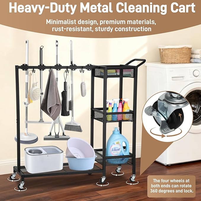 Broom Cart with Cleaning Supplie Organizer,Cleaning Cart with 8 Mop Hanger Gripper Rack Hooks 3-tier Storage Rack and 1 Large Shelf Cleaning Cart Organizer Suitable for Home and Commercial Use