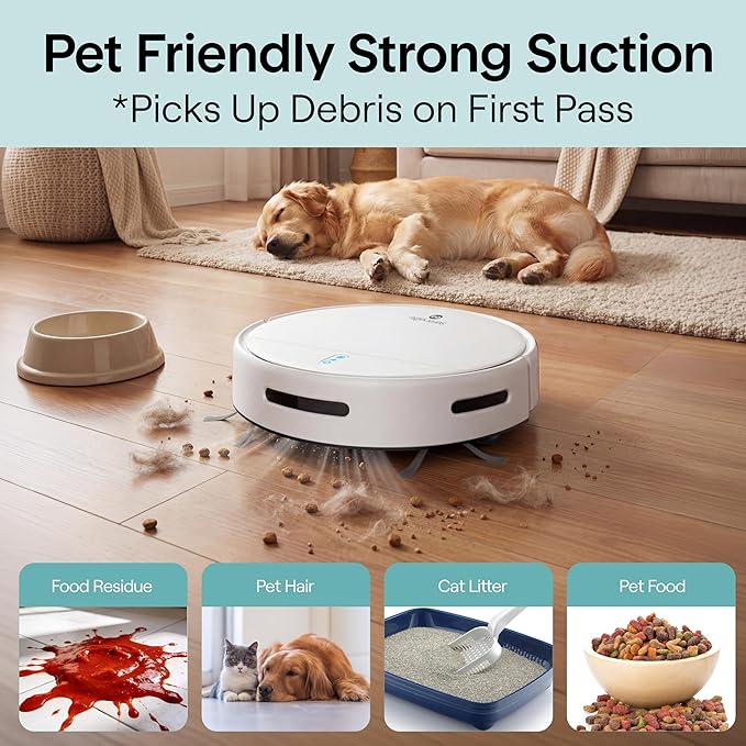 SereneLife Automatic Robot Vacuum Cleaner and Mop Combo, App Control, 3 Cleaning Modes, Smart Anti-Fall Sensors, Self-Charging, High Suction Ideal for Pet Hair, Carpet and Hard Floors, White