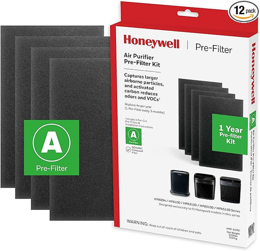 Honeywell HRF-A100 Air Purifier Pre Kit Filter - Allergen Air Filter Targets Dust, VOC, Pet, Kitchen, and Wildfire/Smoke Odors - 4 Count (Pack of 12)