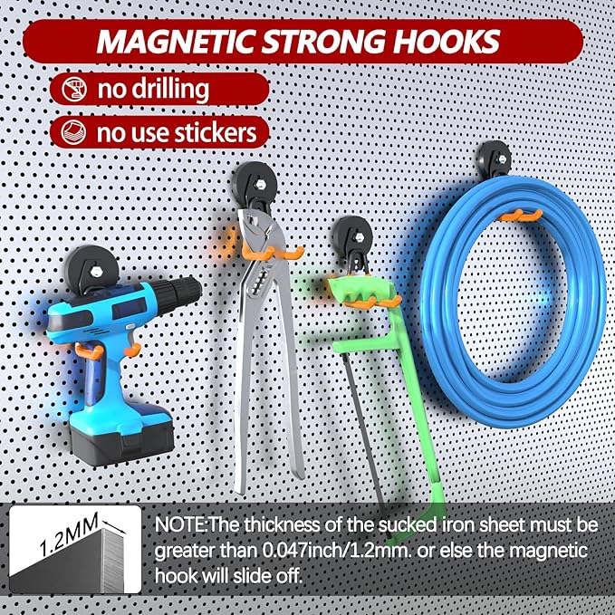 3-H Magnetic Hooks Heavy Duty, Magnet Garage Hooks Heavy Duty and Strong Utility Magnetic Tool Holde for Hanging and organizing Large Power Tool, Ladder, 2.6" Strong Magnetic Orange(4Pack)