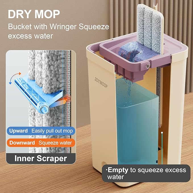 JOYMOOP Mop and Bucket Set (Beige & Blush Brown) with Extension Handle, Ideal for Floor, Window, and Wall Cleaning - Includes 5 Washable Microfiber Pads for Wet and Dry Use