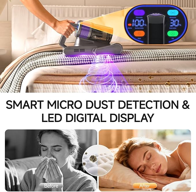 FEPPO Mattress Vacuum Cleaner, 4-in-1 Bed Vacuum Cleaner PRO, 16KPa Handheld Vacuums with 253.7nm UV-C Light, 40,000 Beats/Min Tapping, 140°F Hot Air, HEPA Filter for Bed, Sofa, Crib(Corded, 550W)