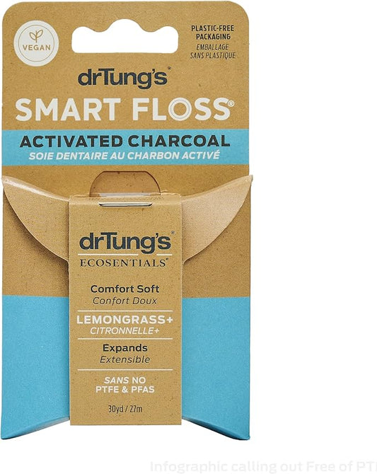 DrTung's Vegan Activated Charcoal Floss - Natural Dental Floss, Gentle on Gums, Expands & Stretches, BPA Free Floss - Lemongrass Flavor (Pack of 1)