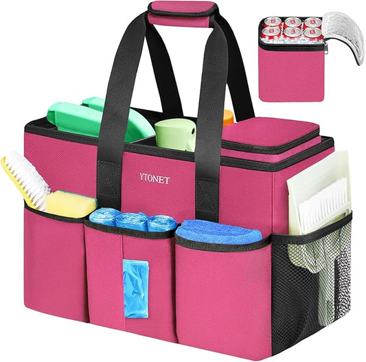 Ytonet Cleaning Caddy Bag, Large Cleaning Supplies Organizer with Handle & Foldable Divider for Cleaners, Water Resistant Housekeeping Supplies for Kitchen, Car Tool Caddy Organizer Bag, Rosered