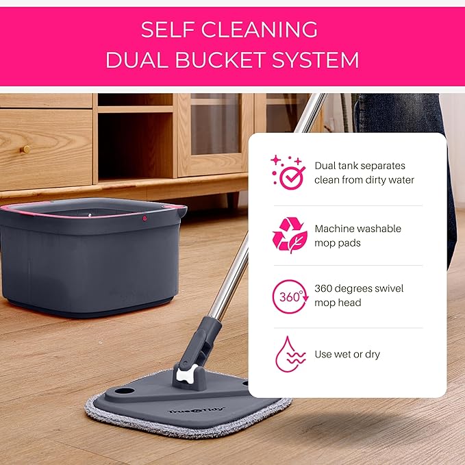 Square Spin & Bucket Smart Floor Mop with Separate Compartments for Clean and Dirty Water, Self Cleaning (Mop Bucket with Squeegee Sweeper)