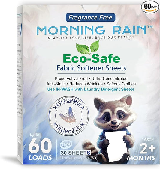 MorningRain Eco Fabric Softener Sheets for Washing Machine - Fragrance-Free, Preservative-Free, Ultra-Concentrated - 30 Sheets for Up to 60 Loads, Anti-Static, Reduces Wrinkles, Softens Clothes