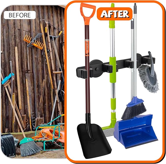 Magnetic Broom Holder Rack,Strong Magnetic Mount Mop Holder 4 Racks for Cleaning Tools,Non-slip Magnetic Tool Holder Broom Hooks for Camper Garage Kitchen