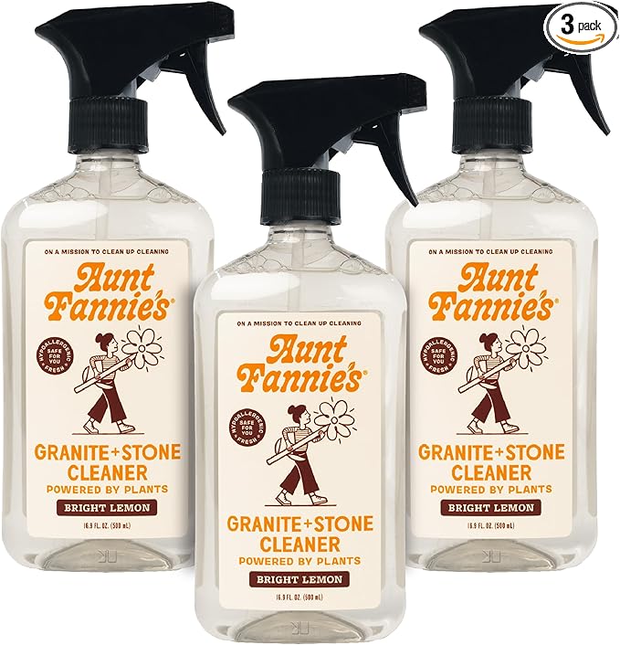 Aunt Fannie's Granite and Stone Cleaner, Plant Based Daily Countertop Spray for Granite, Marble, Soapstone, Quartz, Slate, Laminate, and other Sealed Stone, Bright Lemon Scent, Pack of 3