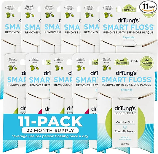 DrTung's Smart Floss - Natural Floss, PTFE & PFAS Free Floss, Gentle on Gums, Expands & Stretches, BPA Free - Natural Dental Floss Cardamom Flavor (Pack of 11)